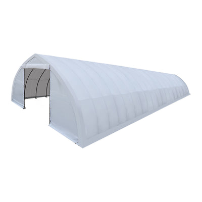 TMG-ST3082V 30x80 peak ceiling storage shelter with heavy duty 17 oz PVC cover, galvanized steel frame, and drive-through roll-up doors for large equipment storage