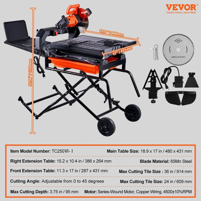 10" Wet Tile Cutter, 4500 RPM Motor, Adjustable Stand Included, Precision Cutting Performance, DOBA-WTC10