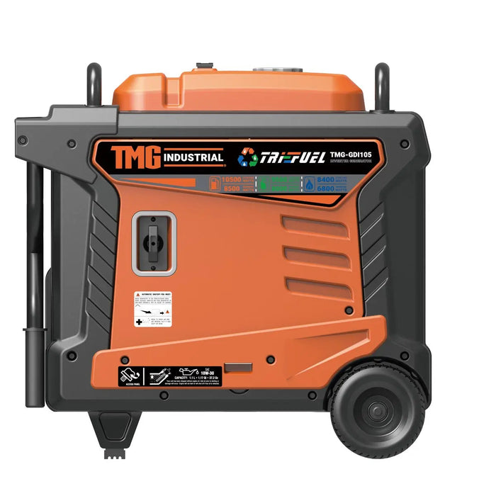10500 Watt Digital Inverter Hybrid Portable Generator, Tri-Fuel Capabilities (Gas/LPG/NG), 8hrs 50% Load Run Time, CETL,ETL Certified For Canada/US, EPA emissions compliance, TMG-GDI105