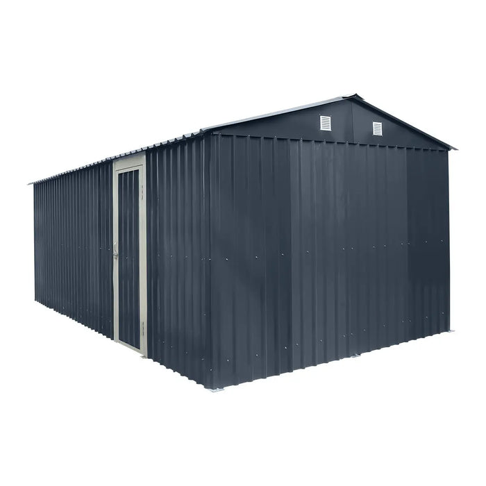 10' x 20' metal garage shed with double front doors, side entry door, charcoal grey finish, and 200 sq-ft of floor space – packed in wooden crate for shipping.