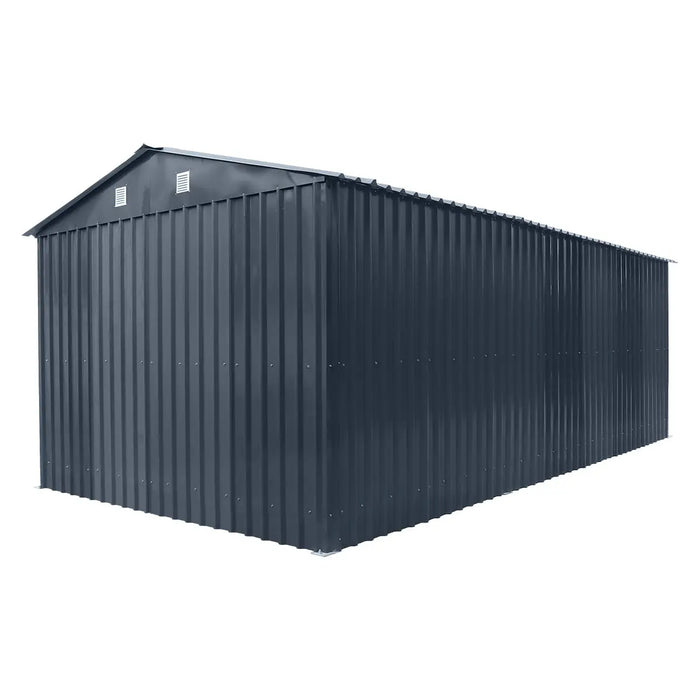 10' x 20' metal garage shed with double front doors, side entry door, charcoal grey finish, and 200 sq-ft of floor space – packed in wooden crate for shipping.