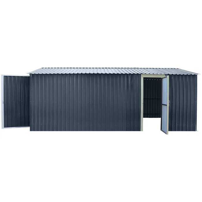 10' x 20' metal garage shed with double front doors, side entry door, charcoal grey finish, and 200 sq-ft of floor space – packed in wooden crate for shipping.