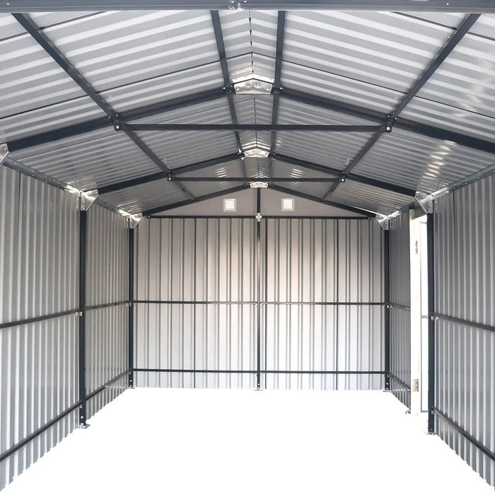 10' x 20' metal garage shed with double front doors, side entry door, charcoal grey finish, and 200 sq-ft of floor space – packed in wooden crate for shipping.