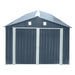 10' x 20' metal garage shed with double front doors, side entry door, charcoal grey finish, and 200 sq-ft of floor space – packed in wooden crate for shipping.