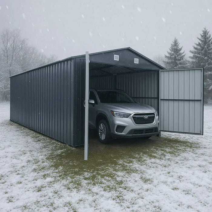 10' x 20' metal garage shed with double front doors, side entry door, charcoal grey finish, and 200 sq-ft of floor space – packed in wooden crate for shipping.