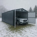 10' x 20' metal garage shed with double front doors, side entry door, charcoal grey finish, and 200 sq-ft of floor space – packed in wooden crate for shipping.