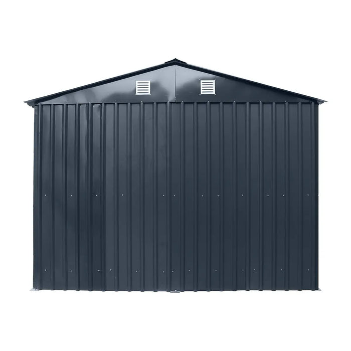 10' x 20' metal garage shed with double front doors, side entry door, charcoal grey finish, and 200 sq-ft of floor space – packed in wooden crate for shipping.