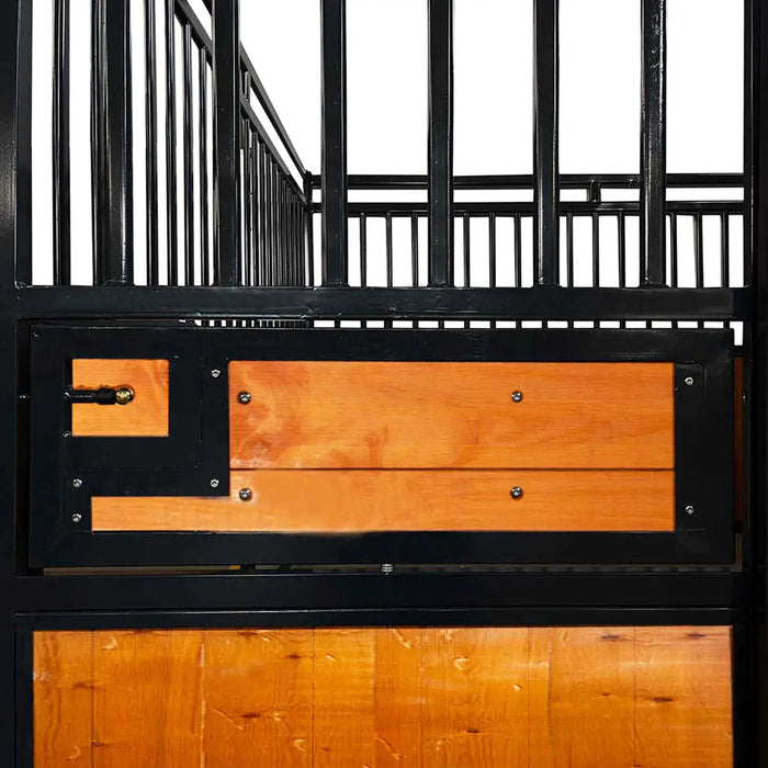 12’ Horse Stall Pine Lumber Panel, Vertical Bar Top & Wood-Filled Bottom, Front panel c/w Window/Feeder and Sliding Door, TMG-FHS12A and FHS12B