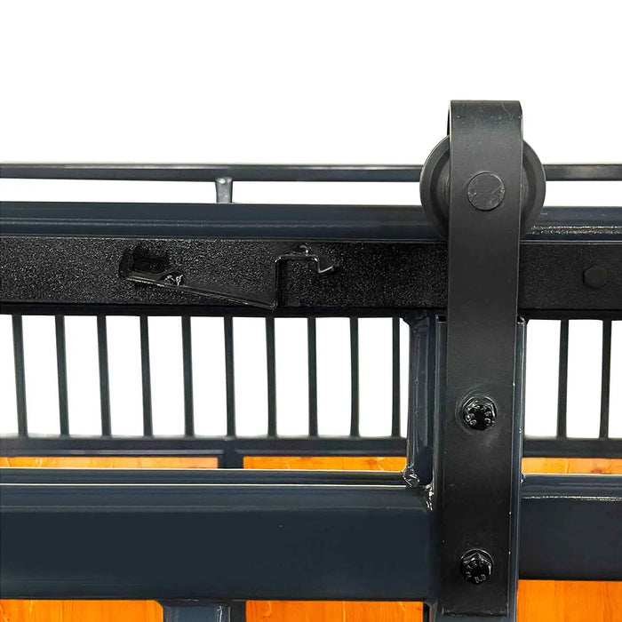 12’ Horse Stall Pine Lumber Panel, Vertical Bar Top & Wood-Filled Bottom, Front panel c/w Window/Feeder and Sliding Door, TMG-FHS12A and FHS12B