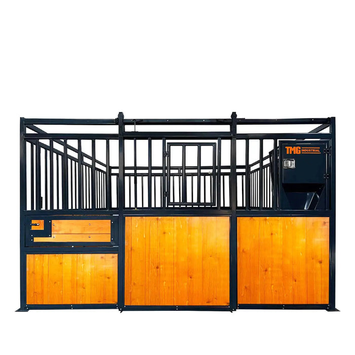 12’ Horse Stall Pine Lumber Panel, Vertical Bar Top & Wood-Filled Bottom, Front panel c/w Window/Feeder and Sliding Door, TMG-FHS12A and FHS12B