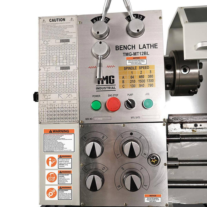 TMG-MT12BL 12" x 37" precision benchtop lathe with 1.5 HP motor, 64–1500 RPM and ASA D1-4 spindle

