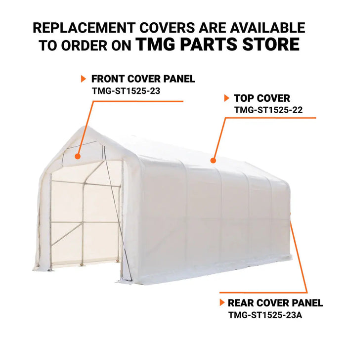 15’ x 25’ RV/Motorhome Storage Shelter, 17 oz PVC Fabric Cover, Front Roll-Up Door, Enclosed Rear Wall, 3-Layer Galvanized Steel Frame, 10’ Straight Sidewalls, TMG-ST1525