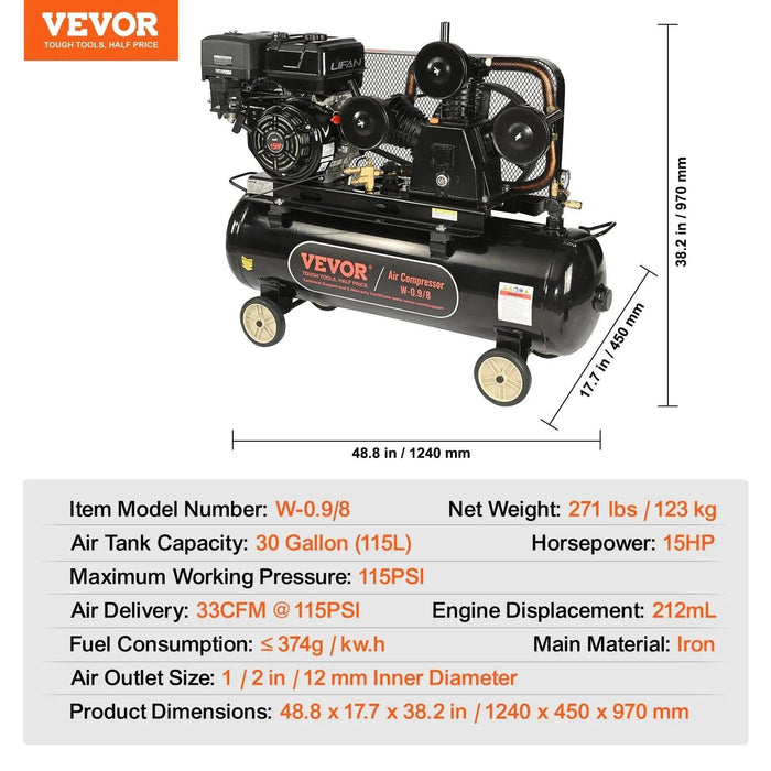 15HP Gas Air Compressor, 30 Gallon Tank, Heavy-Duty Performance, Portable Design, DOBA-AC30G