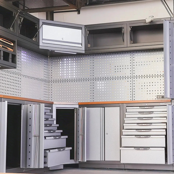 Extreme-Duty Steel Garage Corner (11’ + 8.5’) Tool Chest w/Pegboard, Power Outlets, USB Port, Magnetic Motion LED Lamps, TMG-WBM15 - TMG Industrial