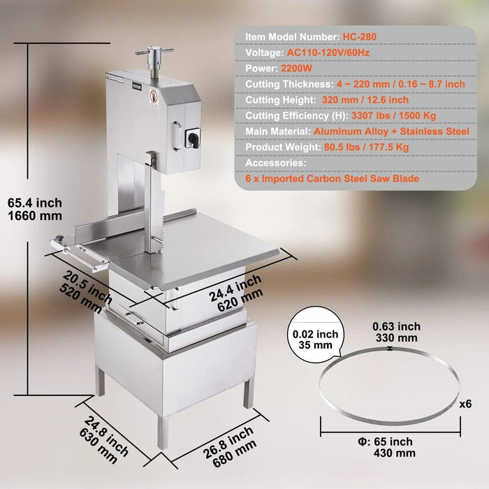2200W Electric Meat Bandsaw, Up to 8.7" Cutting Thickness, Stainless Steel, 3300lbs of Meat/ hr, DOBA-EMB9
