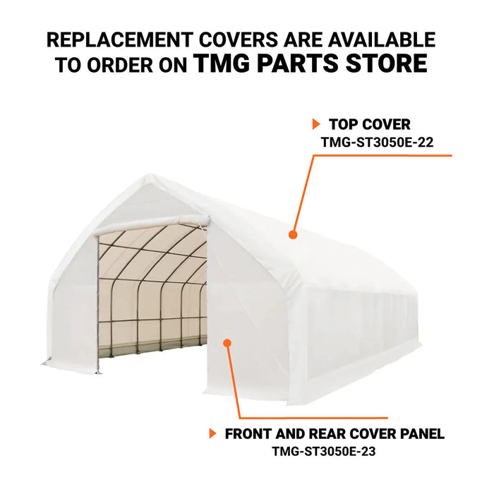 30' x 50' Straight Wall Peak Ceiling Storage Shelter with Heavy Duty 11 oz PE Cover & Drive Through Doors, TMG-ST3050E(Previously ST3050)