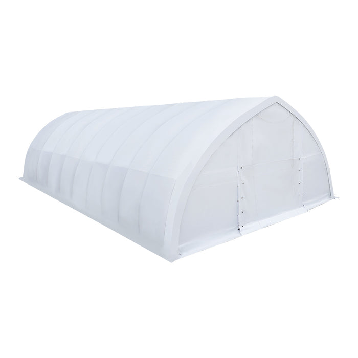 TMG-ST3042E 30x42 peak ceiling storage shelter with 11 oz PE cover, galvanized steel frame, roll-up doors, and 1200 sq ft covered space for equipment storage
