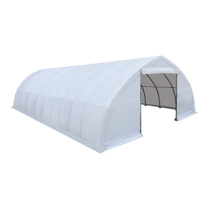 TMG-ST3042E 30x42 peak ceiling storage shelter with 11 oz PE cover, galvanized steel frame, roll-up doors, and 1200 sq ft covered space for equipment storage