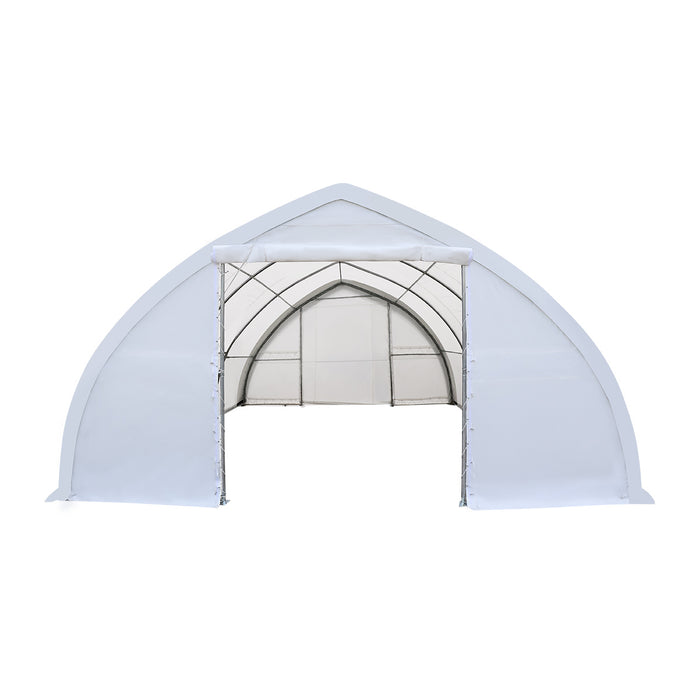 TMG-ST3042E 30x42 peak ceiling storage shelter with 11 oz PE cover, galvanized steel frame, roll-up doors, and 1200 sq ft covered space for equipment storage