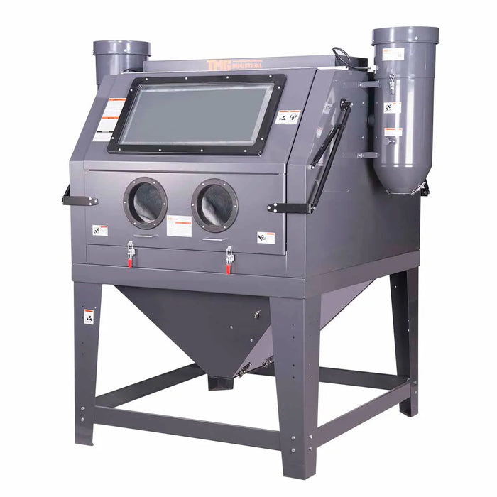 320-gallon dual station cabinet sandblaster with ETL certified vacuum system, foot pedal control, large viewing windows, and heavy-duty blasting capacity – TMG-ABC120