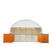 TMG-DT4022CF8 40' x 20' dual truss container shelter with 21 oz PVC cover, enclosed end wall and front drop
