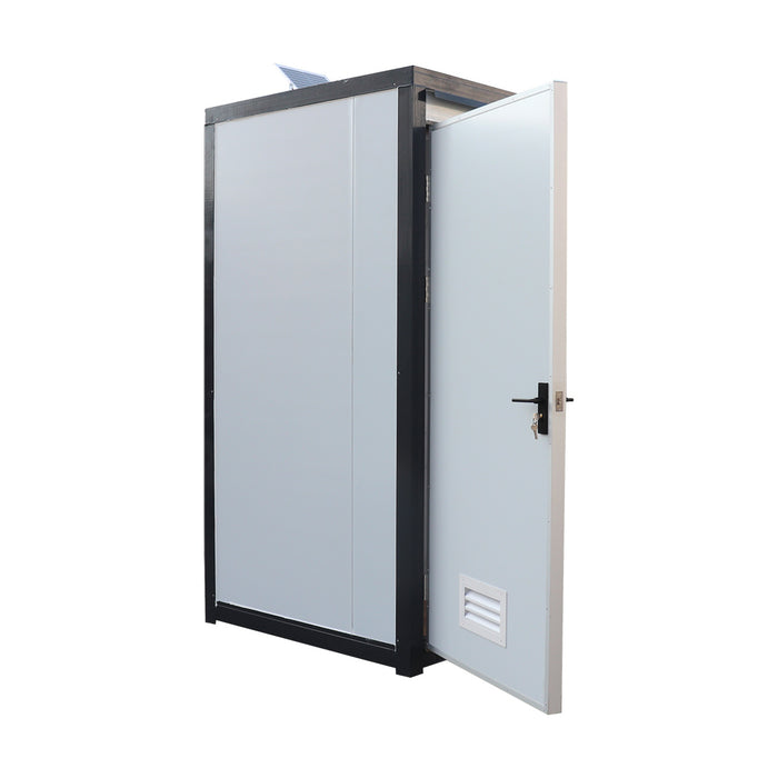 TMG FTS04 4ft portable washroom with ceramic toilet, triangular sink, solar powered exhaust fan, steel frame, EPS wall panels, and PVC wood grain floor