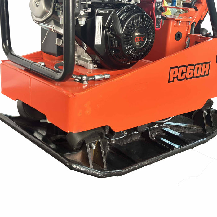 60 kN hydraulic reversible plate compactor with 13 HP Honda GX390 engine, ductile iron base, anti-vibration handle, and sealed clutch system – TMG-PC60H.