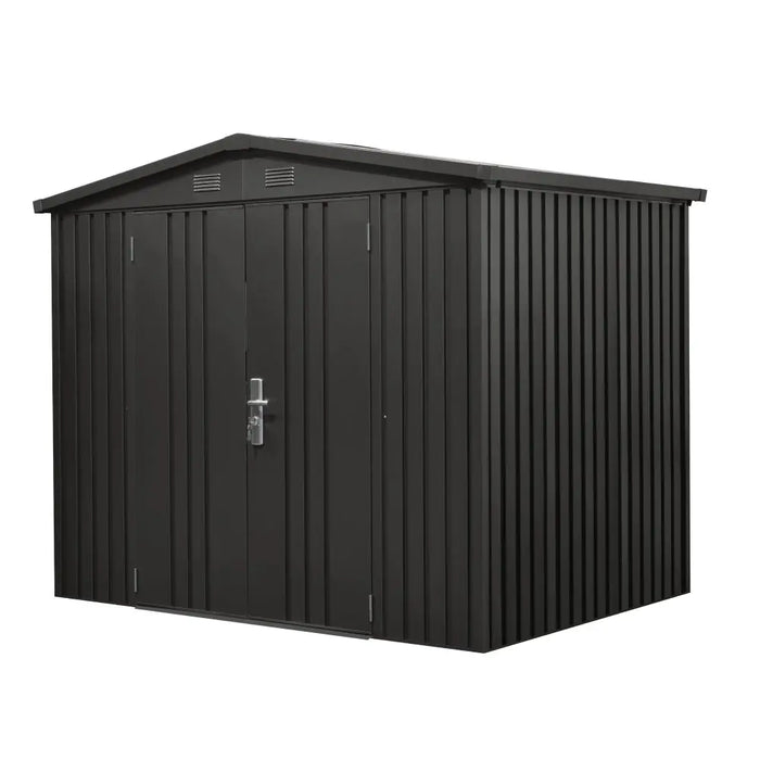 TMG-MS0608-PRO 6x8 Pro Series galvanized metal shed with 79 inch apex roof, vents, and 50x68 inch lockable door for secure weather-resistant outdoor storage