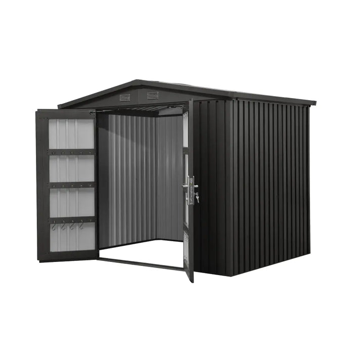 TMG-MS0608-PRO 6x8 Pro Series galvanized metal shed with 79 inch apex roof, vents, and 50x68 inch lockable door for secure weather-resistant outdoor storage