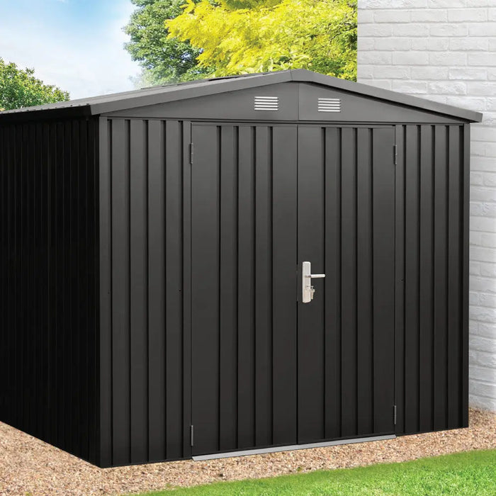 TMG-MS0608-PRO 6x8 Pro Series galvanized metal shed with 79 inch apex roof, vents, and 50x68 inch lockable door for secure weather-resistant outdoor storage