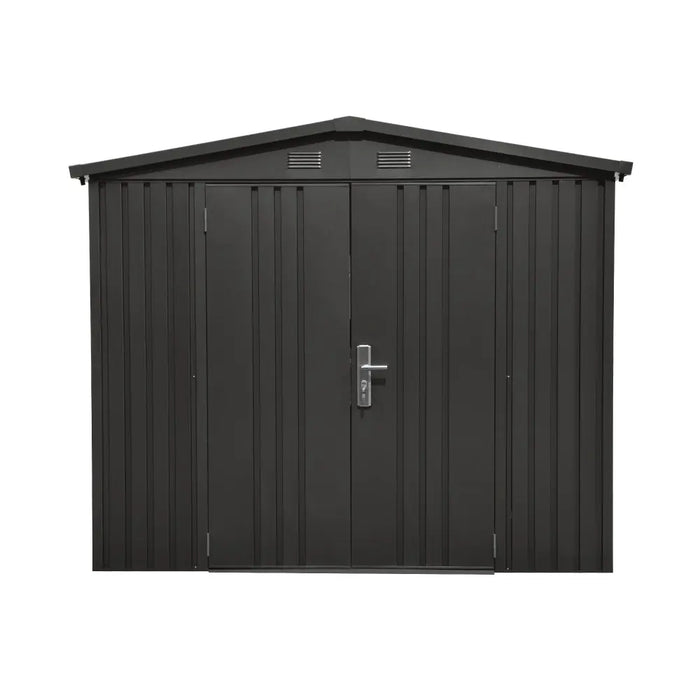 TMG-MS0608-PRO 6x8 Pro Series galvanized metal shed with 79 inch apex roof, vents, and 50x68 inch lockable door for secure weather-resistant outdoor storage