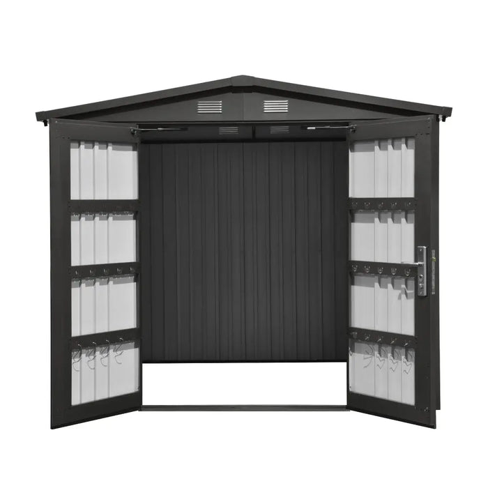 TMG-MS0608-PRO 6x8 Pro Series galvanized metal shed with 79 inch apex roof, vents, and 50x68 inch lockable door for secure weather-resistant outdoor storage