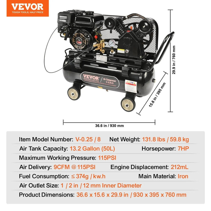 13.2 Gallon Tank Gas-Powered Air Compressor, 7HP, Heavy-Duty Portable Design, DOBA-AC13G