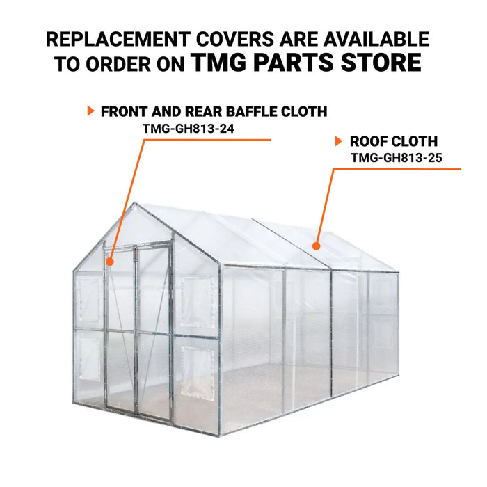8’ x 13’ Greenhouse Grow Tent w/20 Mil Ripstop Leno Mesh PVC Cover, Galvanized Steel Frame, Roll-up Windows, TMG-GH813