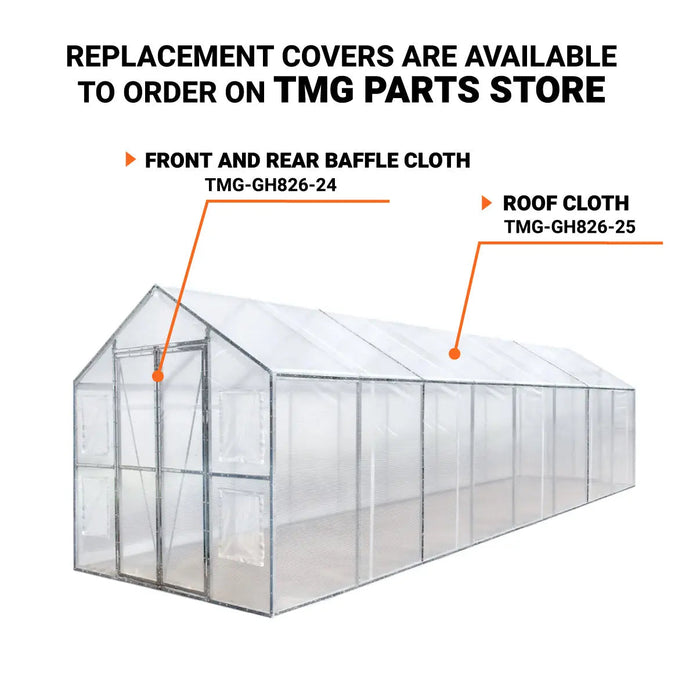 8’ x 26’ Greenhouse Grow Tent w/20 Mil Ripstop Leno Mesh PVC Cover, Galvanized Steel Frame, Roll-up Windows, TMG-GH826
