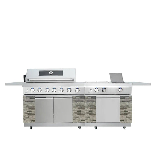 9’ Cultured Stone 6-Burner Outdoor Gas Grill, 6 Main Burners, Cast Iron Burner, Side Burner, Griddle Burner, CSA Certified, TMG-LKS09S