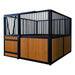 9' x 10' pre-built bamboo horse stall with vertical bar top, sliding door, powder-coated steel frame, and U-shaped opening for horse comfort – ideal for barns and stables.
