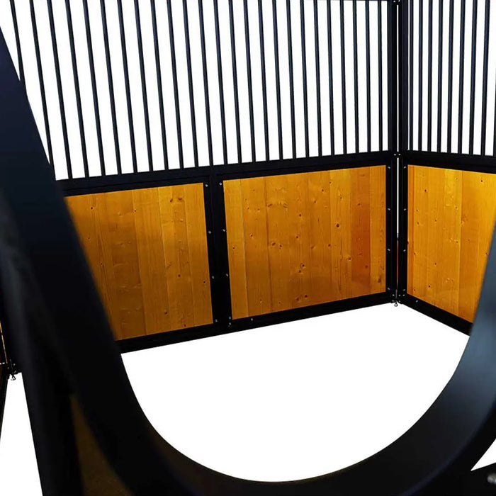 9' x 10' pre-built pine lumber horse stall with vertical bar top, sliding door, U-shaped opening, and powder-coated steel frame – modular panels for barn installation.