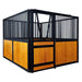 9' x 10' pre-built pine lumber horse stall with vertical bar top, sliding door, U-shaped opening, and powder-coated steel frame – modular panels for barn installation.