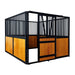 9' x 10' pre-built pine lumber horse stall with vertical bar top, sliding door, U-shaped opening, and powder-coated steel frame – modular panels for barn installation.