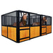 9' x 10' pre-built pine lumber horse stall with vertical bar top, sliding door, U-shaped opening, and powder-coated steel frame – modular panels for barn installation.