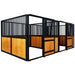 9' x 10' pre-built pine lumber horse stall with vertical bar top, sliding door, U-shaped opening, and powder-coated steel frame – modular panels for barn installation.