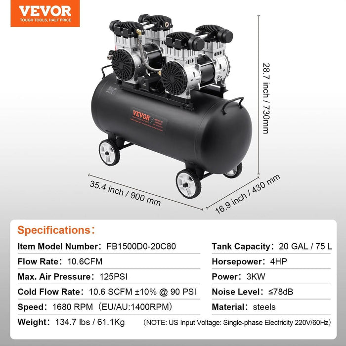 20 Gallon Oil-Free Air Compressor, Compact & Lightweight Design, Hassle-Free Operation, DOBA-AC20L