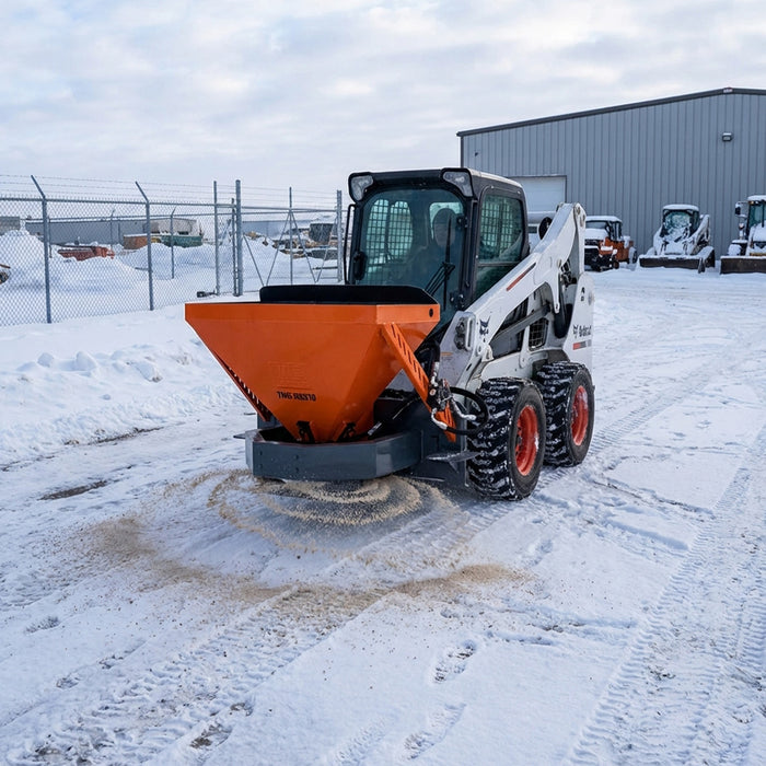Skid Steer Tilt-N-Scoop Snow Material Spreader, 10 Cu-Ft Capacity, 30’ Wide Spread Range, 6.5-12 GPM Flow Rate, Sidewalk Skirt, Universal Mount, TMG-MSS10 TMG Industrial