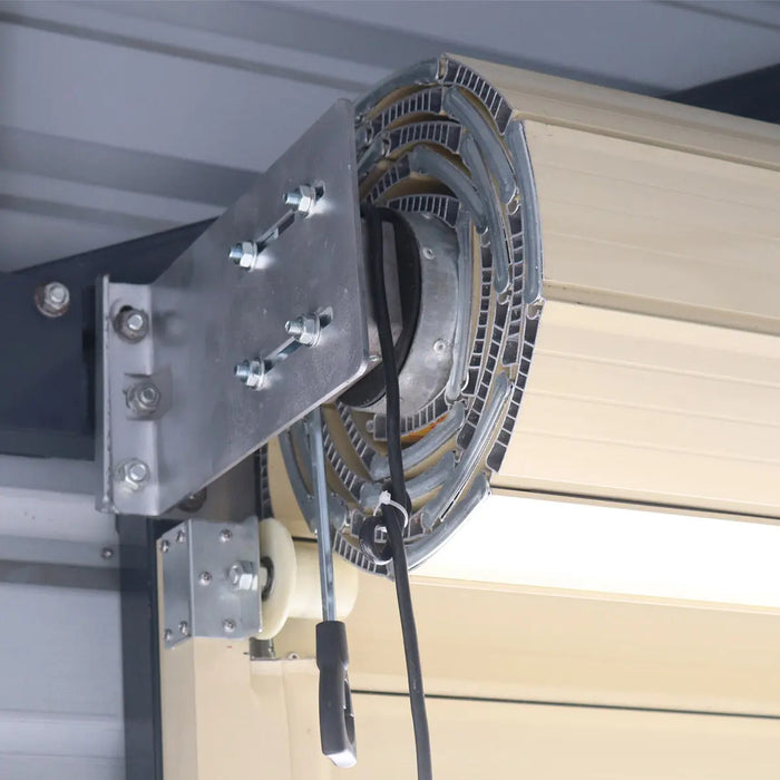 TMG-MS26-RD10 Motorized Roll-Up Door Kit for TMG-MS26 series metal barn sheds, featuring two remote controls, an AC motor, and backup manual opener for reliable and secure door operation.