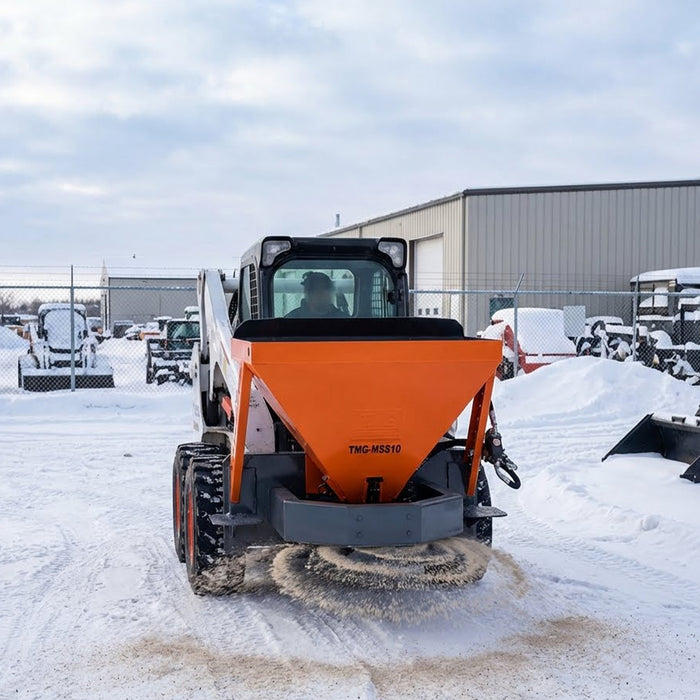 Skid Steer Tilt-N-Scoop Snow Material Spreader, 10 Cu-Ft Capacity, 30’ Wide Spread Range, 6.5-12 GPM Flow Rate, Sidewalk Skirt, Universal Mount, TMG-MSS10 TMG Industrial
