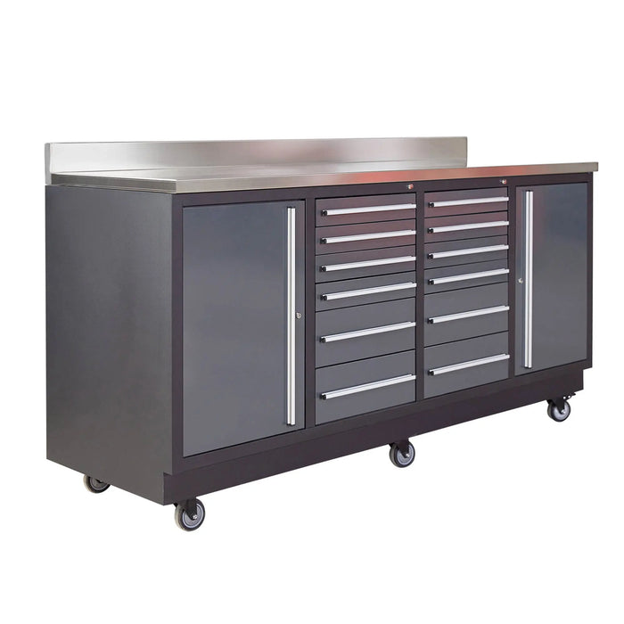 Pro Series 7-Ft 12-Drawer Workbench with Stainless Steel Top, Ball Bearing Double Slides & Casters, TMG-WB712