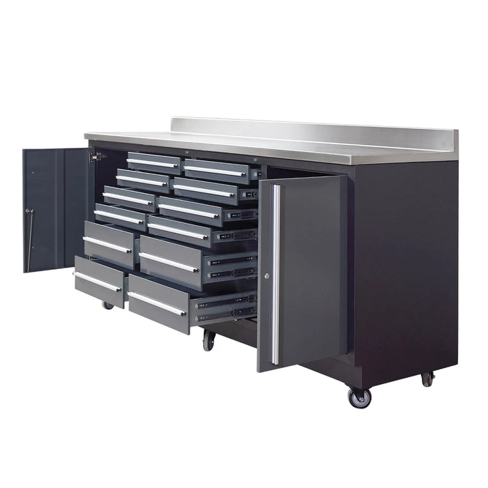 Pro Series 7-Ft 12-Drawer Workbench with Stainless Steel Top, Ball Bearing Double Slides & Casters, TMG-WB712