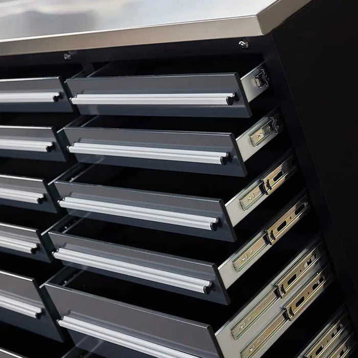 Pro Series 9-Ft 30-Drawer Workbench with Stainless Steel Top, Ball Bearing Double Slides & Casters, TMG-WB930