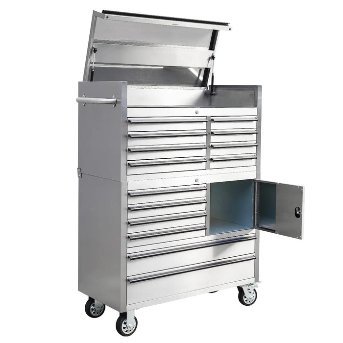 Pro Series 41” Stainless Steel Tool Chest Cabinet – 14 Drawers, Top Lid, and Caster Wheels, TMG-SC4114